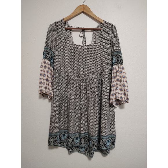 Umgee Blue White Flared 3/4 Sleeve Square Neck Peasant Blouse Size Large - Picture 10 of 10